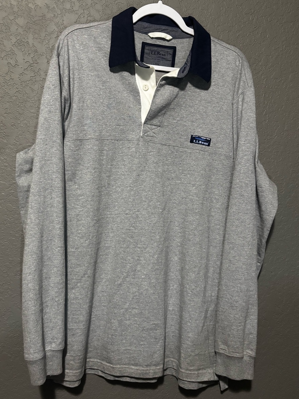L.L. Bean Heather Gray Long-Sleeve Rugby Polo with Navy Collar